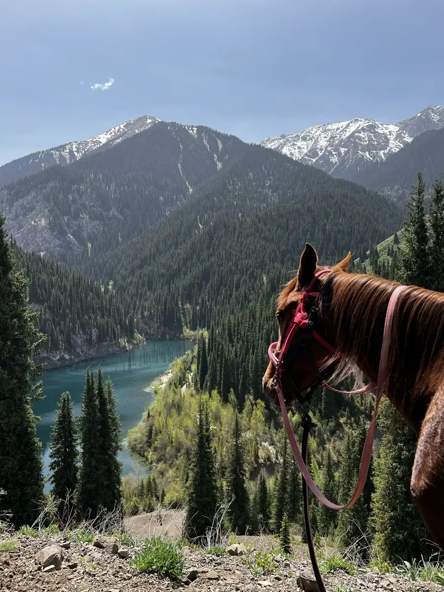 View from horseback overlooking Lake Kaindy and snow-capped mountains during a horseback riding tour